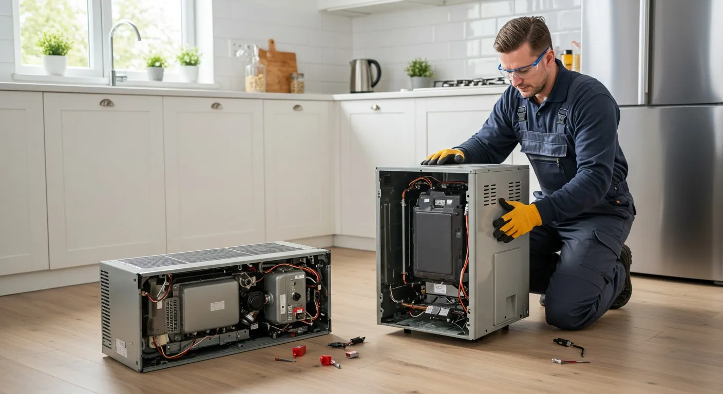 Man in kitchen fixing two furnaces.