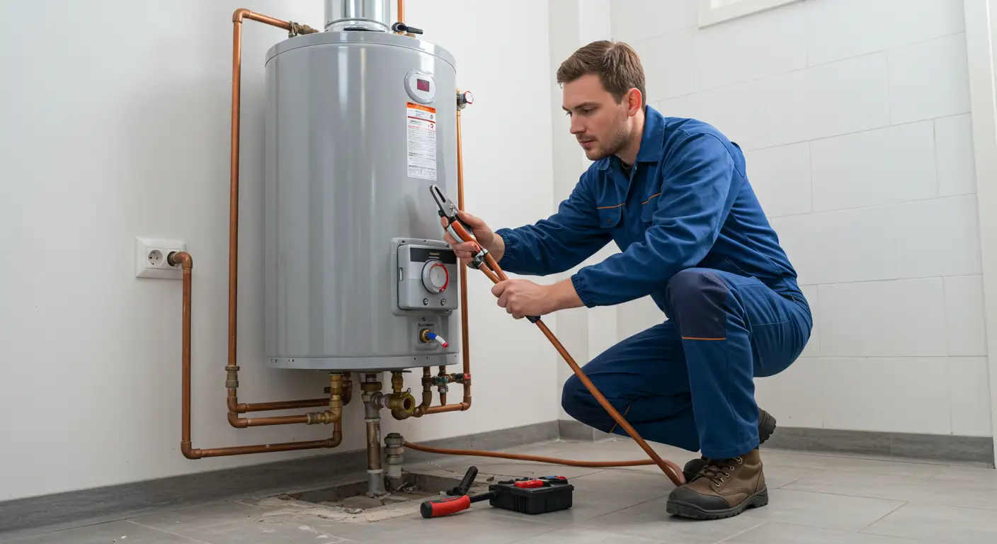 A professional plumber, dressed in a blue jumpsuit, is kneeling on a tiled floor while installing a gray water heater. He is holding a tool and working on the copper pipes connected to the bottom of the tank. A small toolbox and another tool are on the floor nearby. The water heater is in a small utility area with white walls.