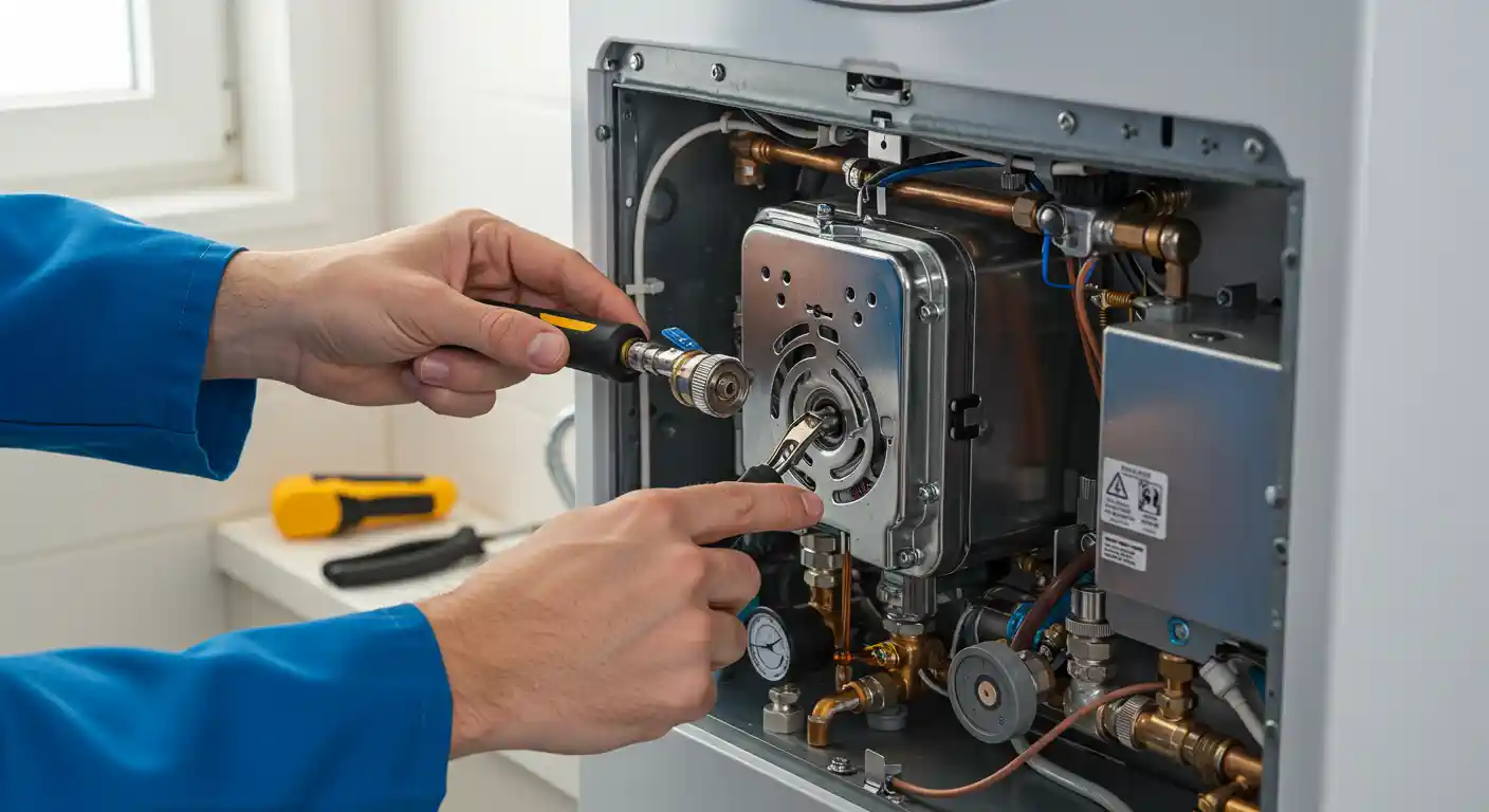 A close-up shot of a technician, wearing a blue uniform, servicing the internal components of a tankless water heater. He is using a wrench to adjust a metal fitting within the complex network of pipes and wires. A second tool with a yellow and black handle is visible on the windowsill in the background.