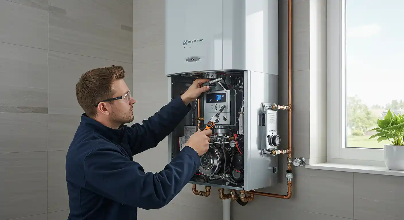 A plumber, wearing a dark blue shirt and safety glasses, is meticulously working on the internal components of a tankless water heater. The white unit is mounted on a light gray tiled wall, and its front panel has been removed to reveal the complex machinery inside. The plumber is using a wrench to tighten a part. To the right, a large window shows a blurred view of a green landscape.
