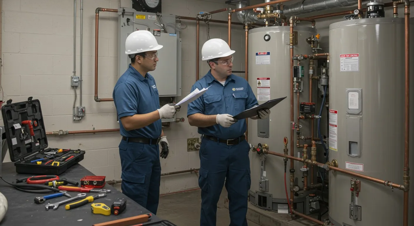 Two plumbers, wearing white hard hats and blue uniforms, are inspecting a commercial water heating system. The plumber on the left is holding a sheet of paper, while the one on the right is looking at a clipboard. They are standing in front of two large gray water tanks connected by a network of copper pipes. In the foreground, a black toolbox is open on a workbench, with various tools like wrenches and wire cutters scattered around it.