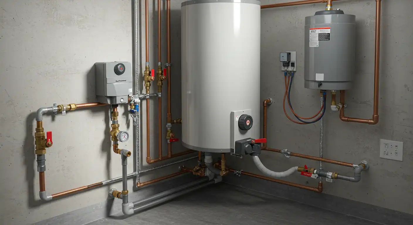 A wide-angle view of a large, complex water heating system in a utility room with concrete walls. The setup includes a tall, cylindrical water heater and a smaller, gray tank, both connected by an intricate network of copper and galvanized steel pipes, valves, and gauges. The system also has two gray control boxes mounted on the wall. The arrangement of the pipes and tanks suggests it is a commercial or high-capacity residential installation.