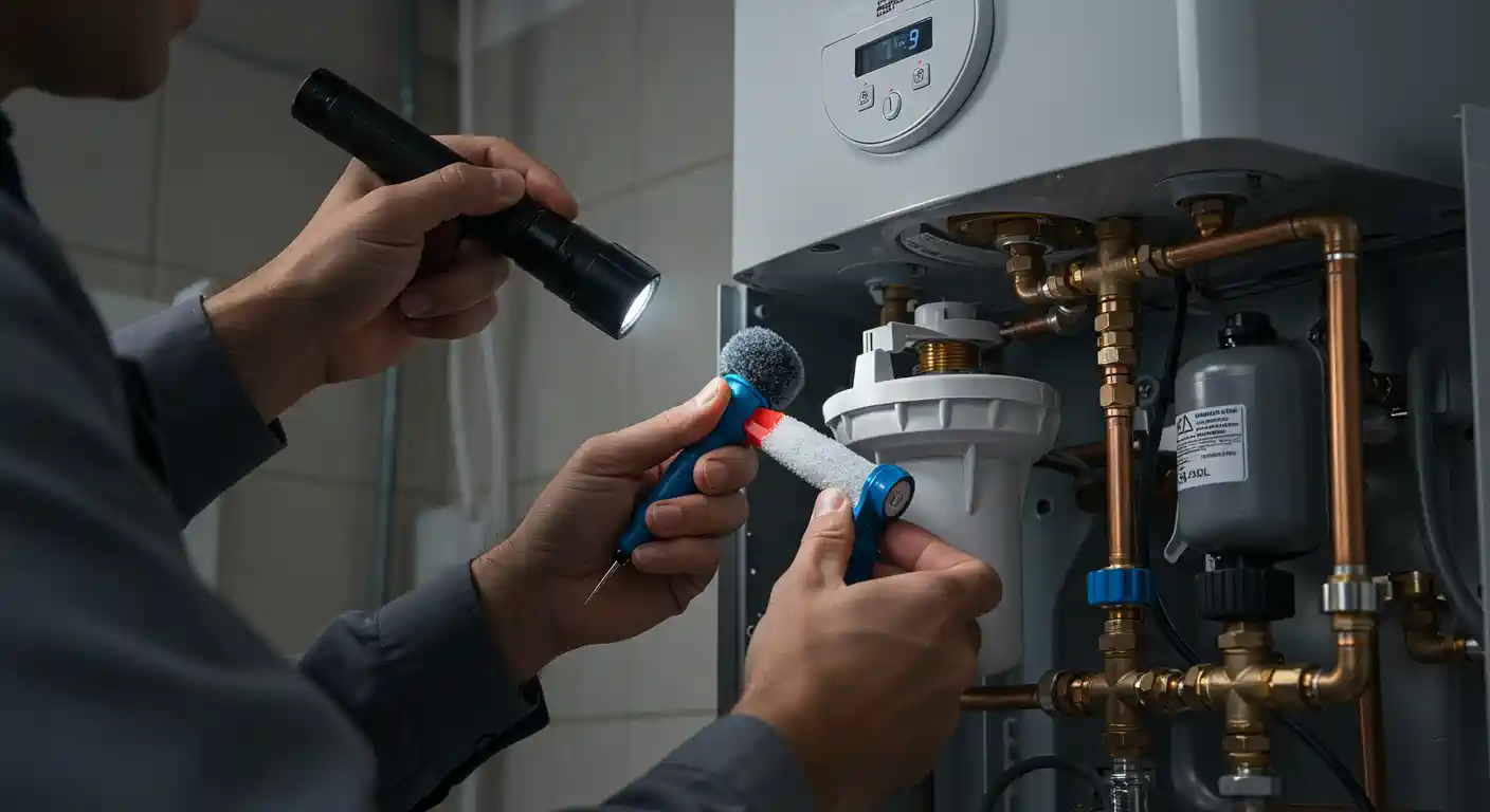 A close-up of a technician's hands as they perform maintenance on a tankless water heater. The person is holding a flashlight in one hand and a water filter cartridge in the other, which they are cleaning with a small brush. The white water heater is mounted on a tiled wall, and its internal copper pipes, brass valves, and other components are visible.