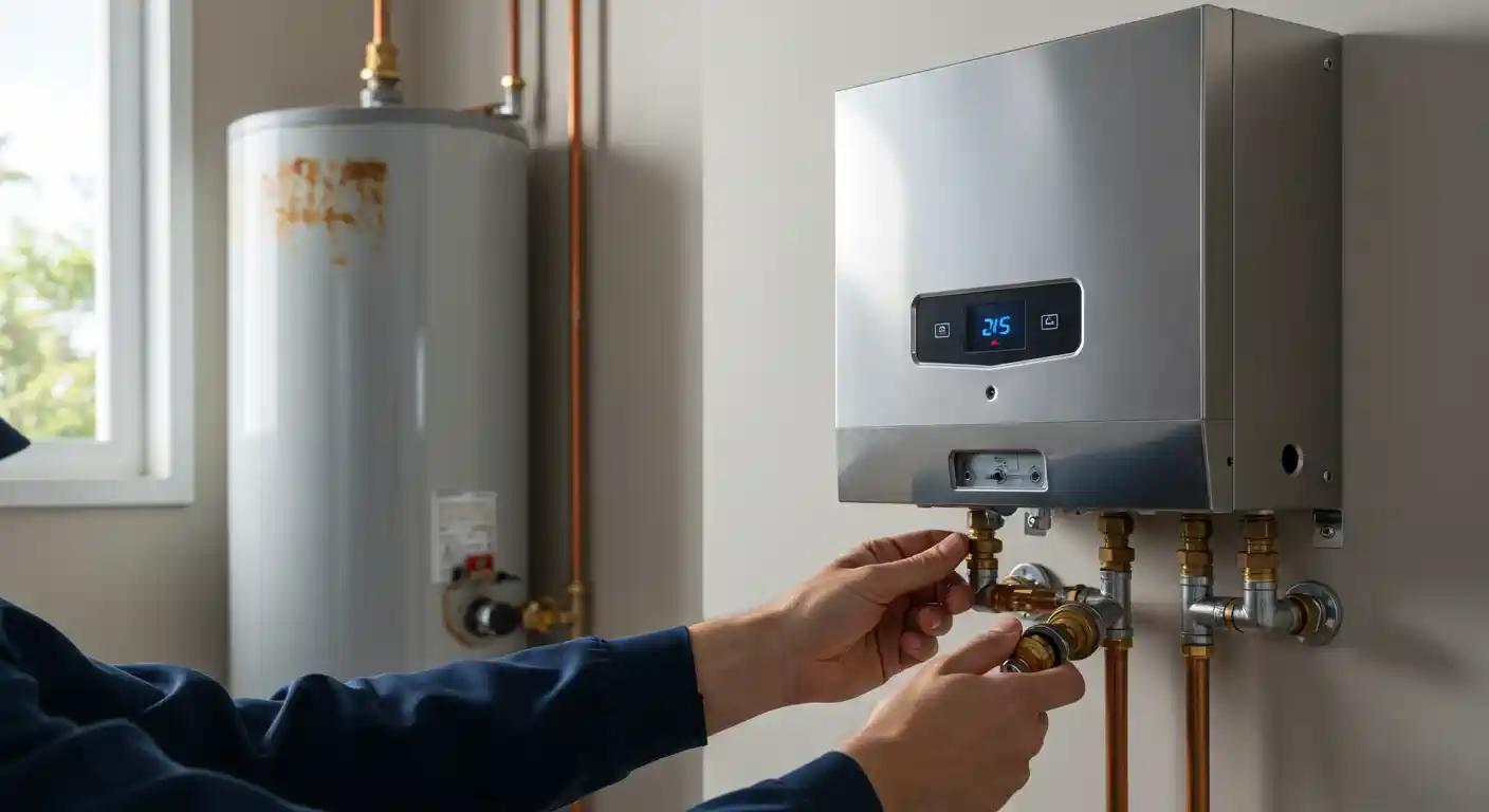 A professional plumber, seen from the side, is connecting a tankless water heater. He is using his hands to tighten a brass fitting on a copper pipe connected to the bottom of the shiny, rectangular unit, which has a digital display reading "215." A large, older, rusty water heater tank is visible in the blurred background to the left.