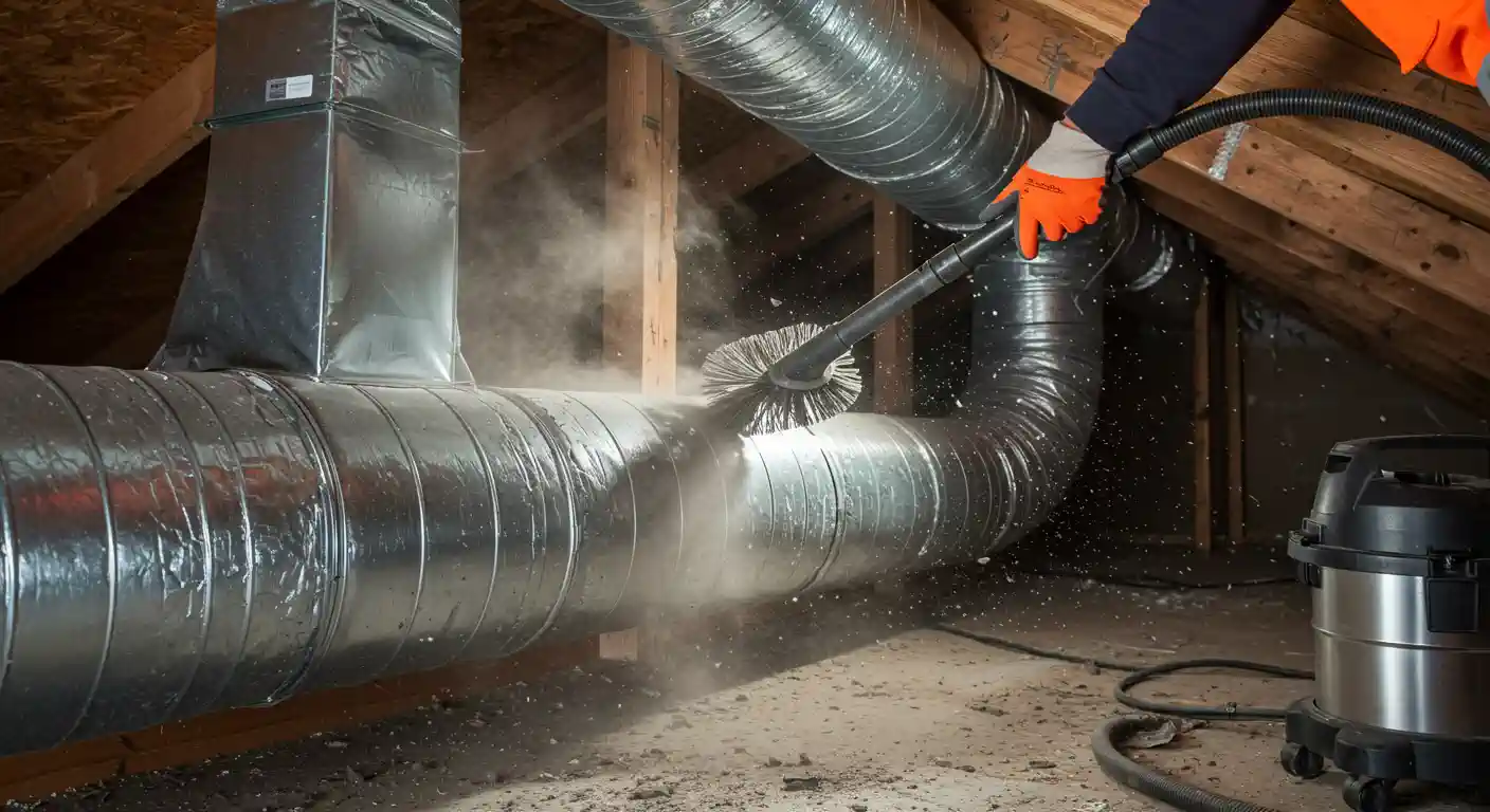  A person wearing orange gloves and a jacket with an orange sleeve is in an attic, using a vacuum cleaner with a large rotating brush attachment to clean a flexible, corrugated metal air duct. As the brush spins, it kicks up a significant amount of dust and debris, which is being sucked into a large, silver shop vacuum on the floor. In the background, other square and circular metal ducts are visible, attached to wooden roof rafters.
