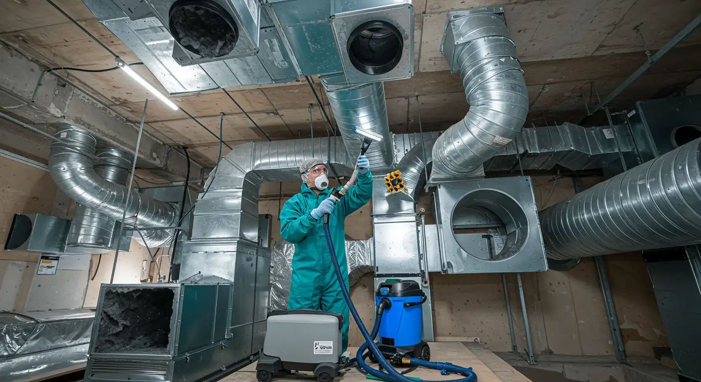 A worker in a teal protective suit, gloves, goggles, and a face mask is cleaning an extensive network of large, shiny metal air ducts and vents mounted on a ceiling. Using a long, flexible hose with an attached cleaning brush, the worker reaches toward a round vent. Two different sizes of professional-grade vacuums are visible on the floor, ready to collect debris.