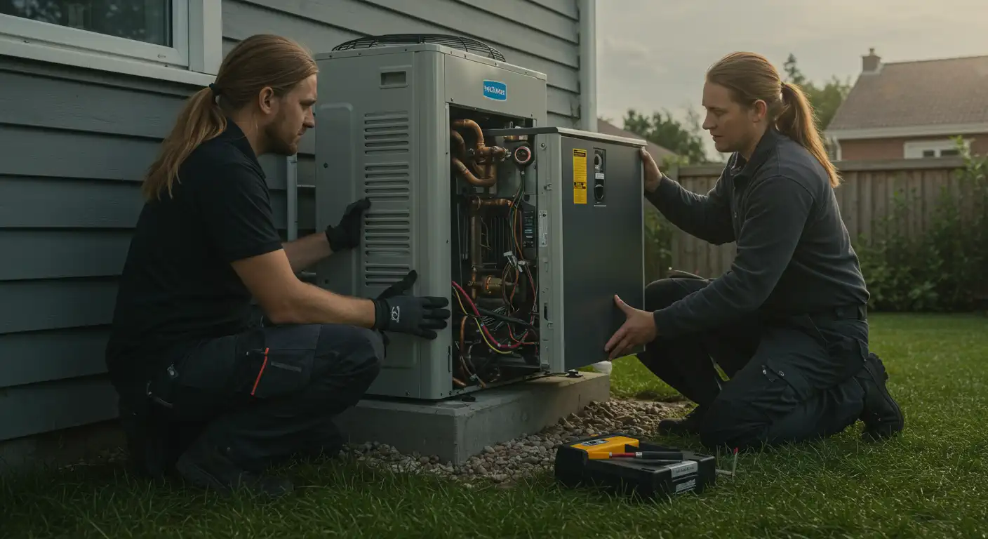 Two people wearing dark uniforms and gloves are kneeling on a grassy lawn next to a heat pump unit. They are both holding the front panel and working together to either remove or install it. The unit is a large, gray outdoor appliance with exposed internal components, including copper pipes and wiring. A yellow tool and a black tool case are on the ground in front of the unit.