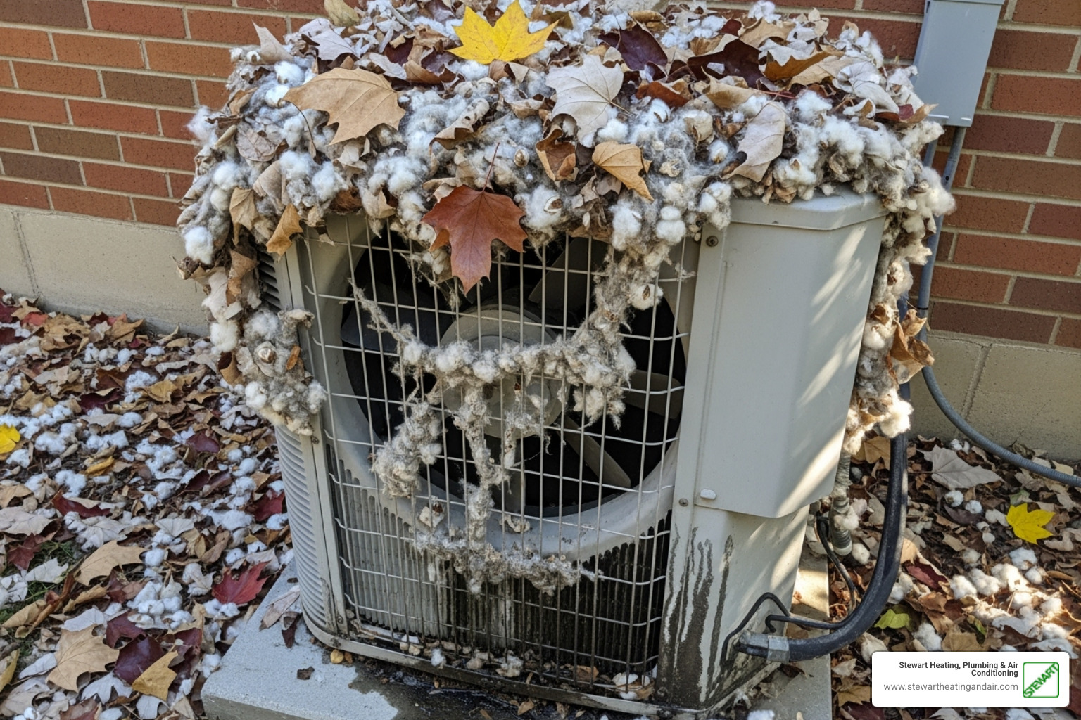 Outdoor condenser unit covered in leaves, dust, and cottonwood debris - AC coil cleaning Concord
