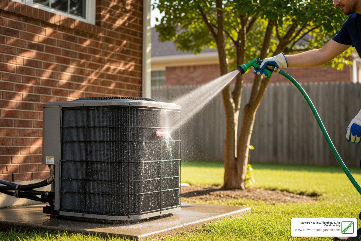Person safely spraying an outdoor condenser coil with a hose - AC coil cleaning Concord