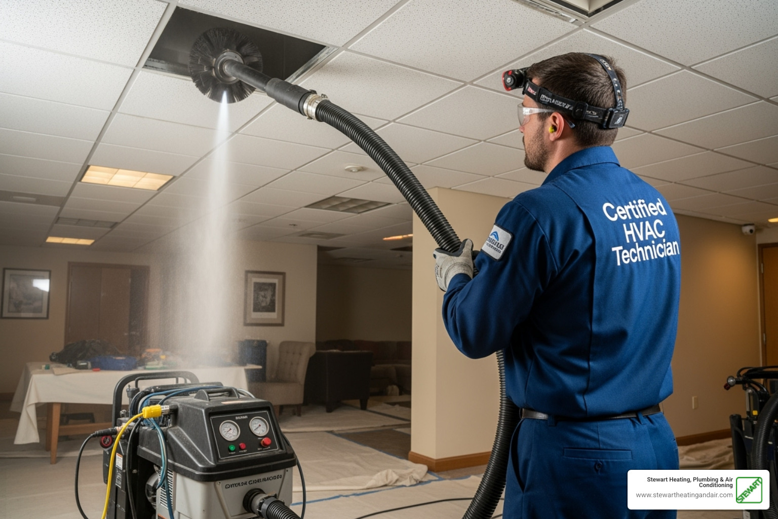 certified technician professionally cleaning a duct system with powerful equipment - certified air duct cleaners