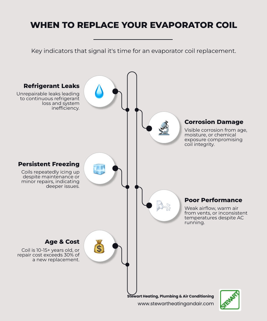 Comprehensive guide to evaporator coil replacement showing when to repair vs replace, average costs by system size, and signs of coil failure - Evaporator coil replacement infographic infographic-line-5-steps-neat_beige