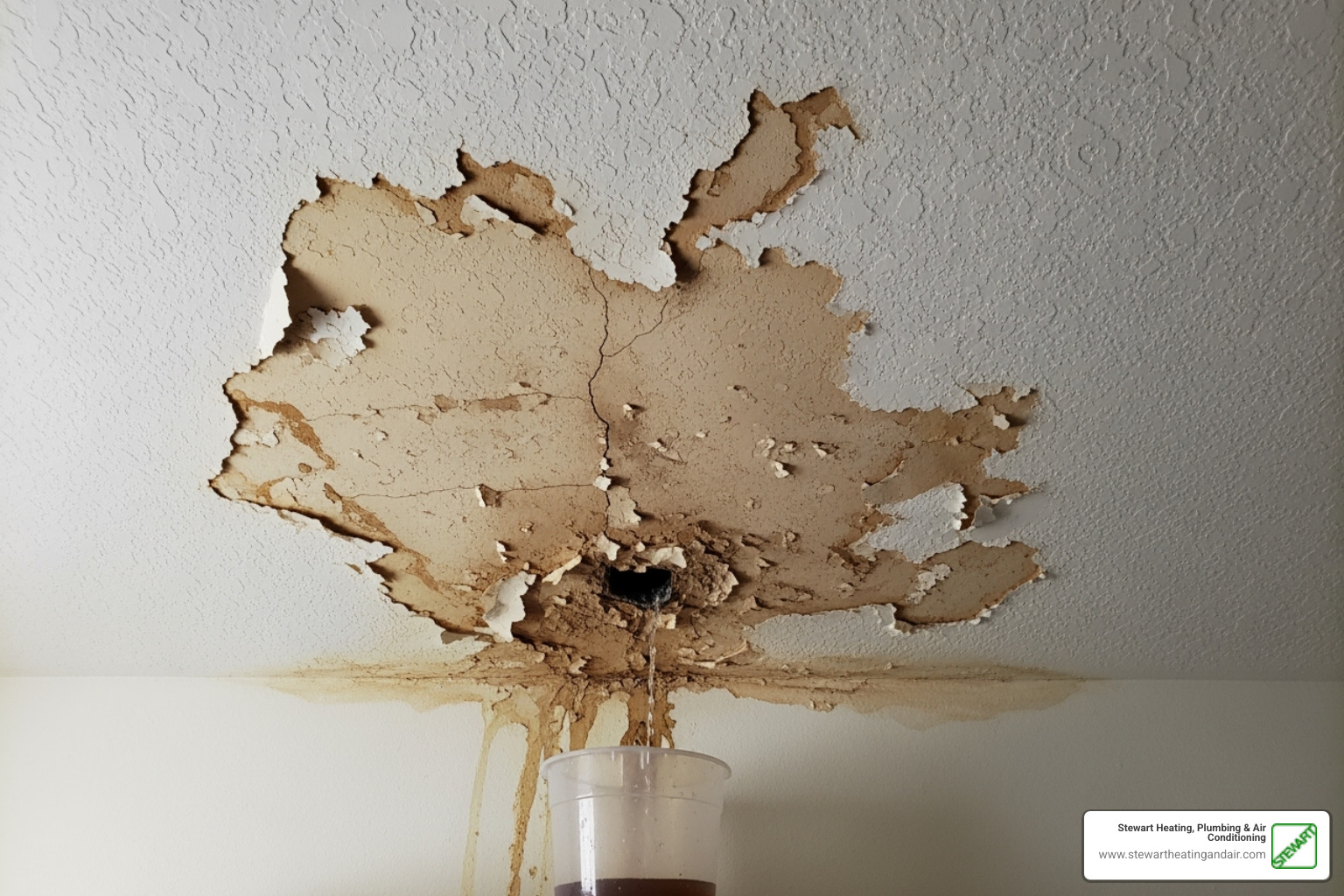 Water stains on a ceiling below an attic air handler - AC drain clogged