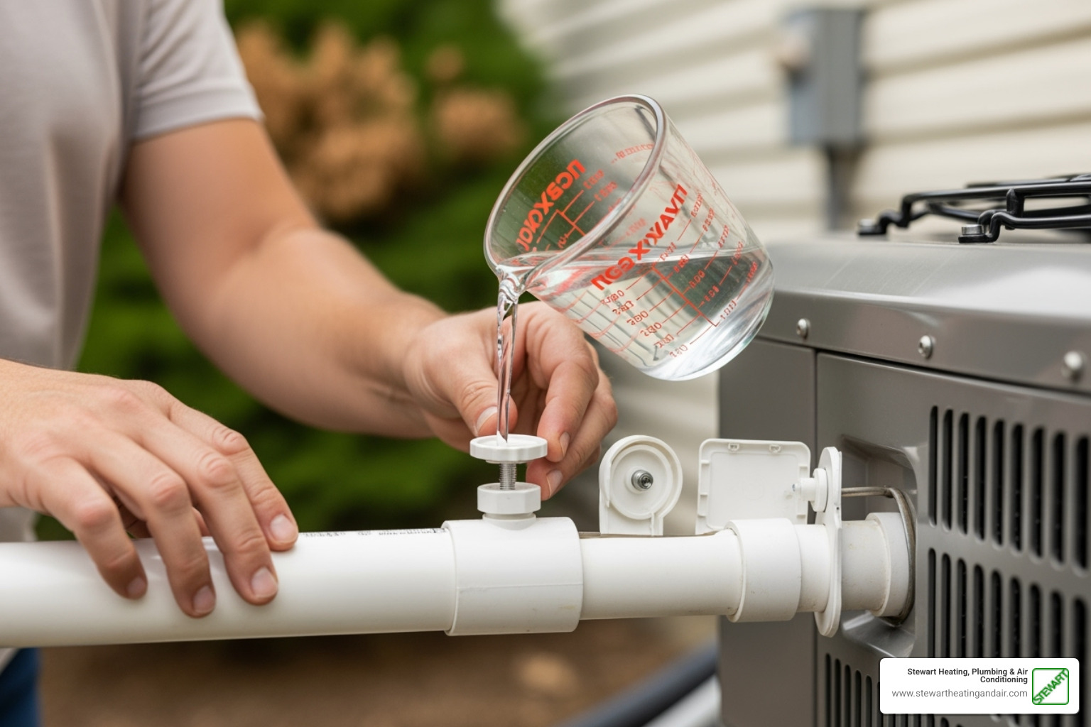 Homeowner pouring a vinegar solution into the drain line's access tee - AC drain clogged