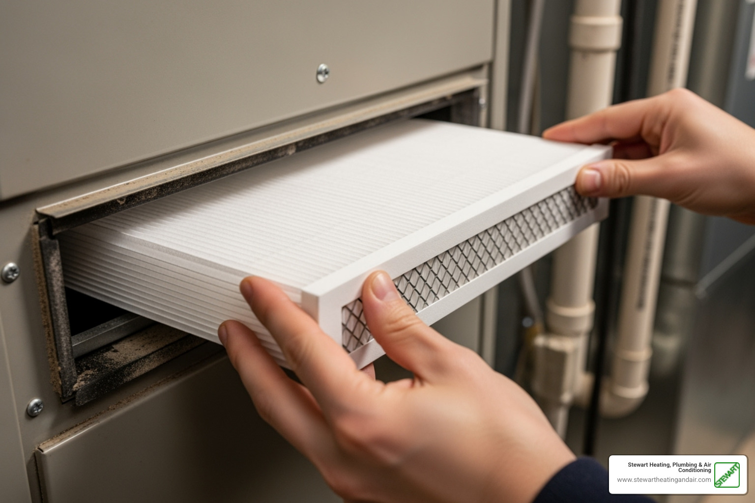 homeowner sliding a new, clean air filter into a furnace - Annual furnace tune-up