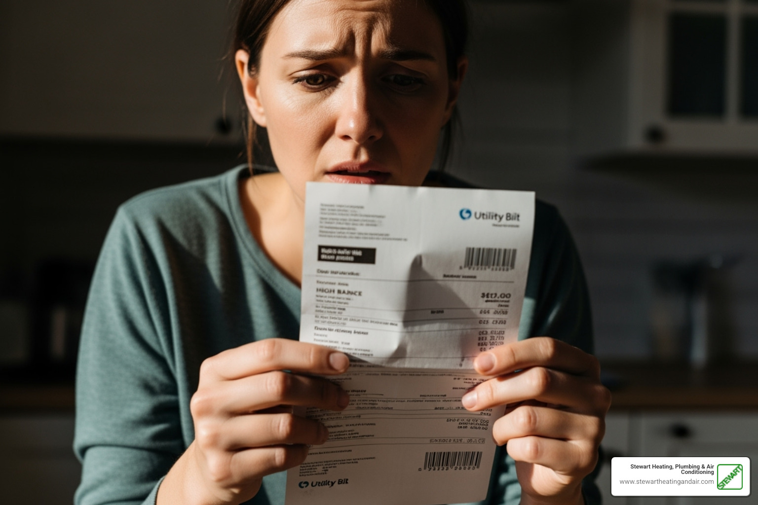 person looking concerned at a high utility bill - Annual furnace tune-up