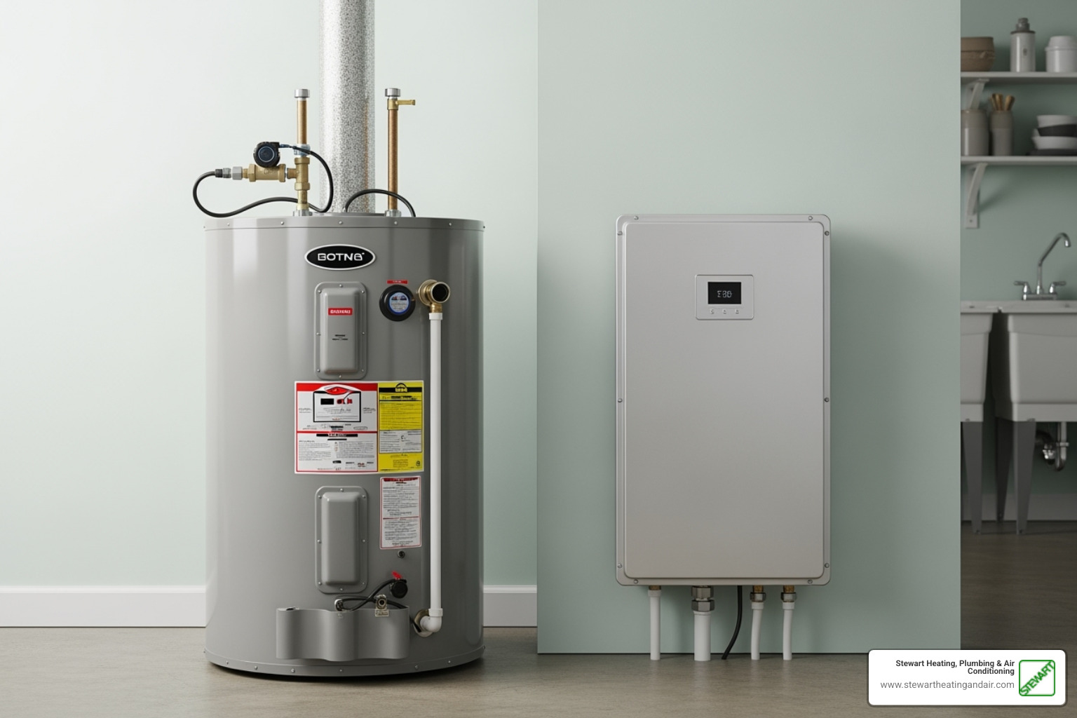 comparing a traditional tank water heater and a modern tankless unit side-by-side - water heater repair concord