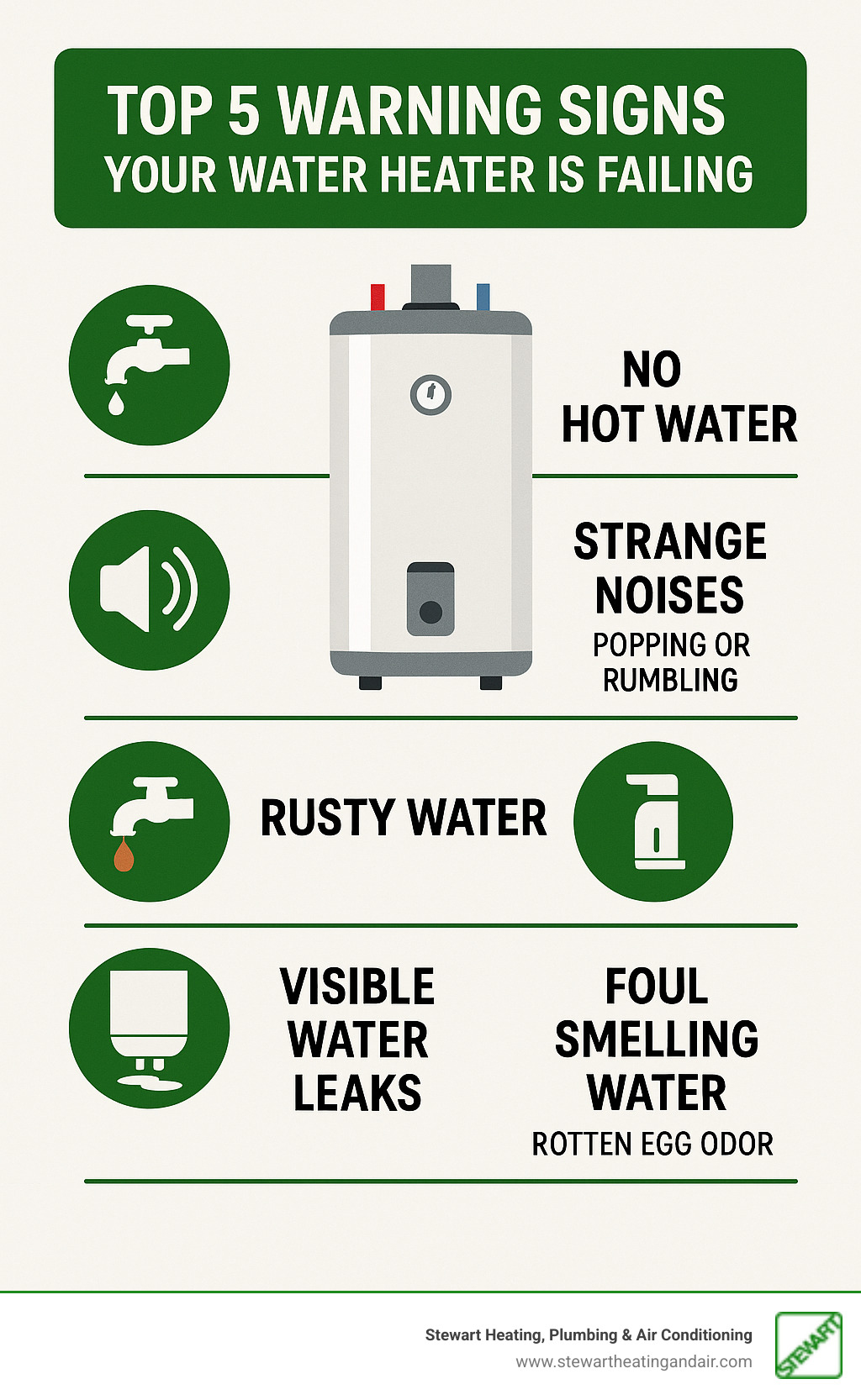 Top 5 warning signs your water heater is failing including no hot water, strange noises like popping or rumbling, rusty discolored water from taps, visible water leaks around the unit, and foul smelling water with rotten egg odor - water heater repair concord infographic 