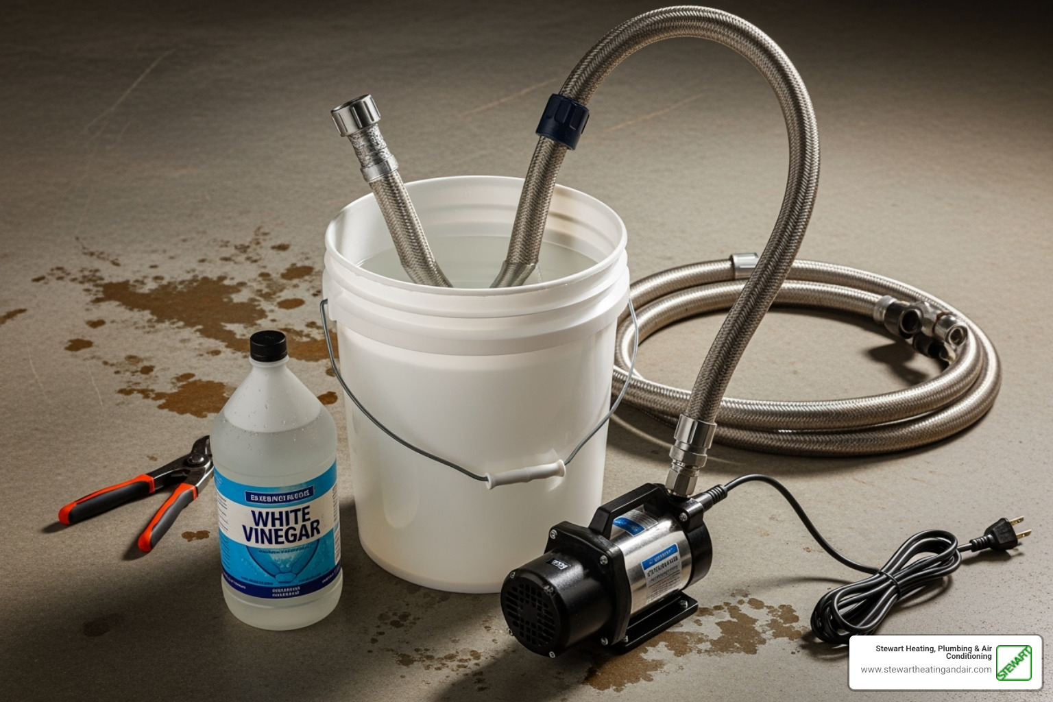supplies needed for flushing: a bucket, submersible pump, hoses, and vinegar - tankless water heater maintenance