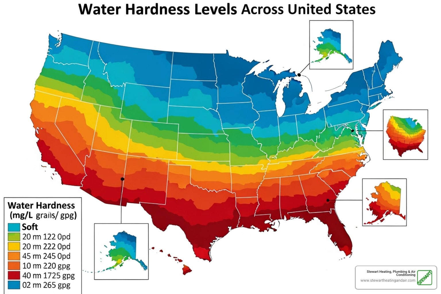 map of the US showing hard water areas - tankless water heater maintenance