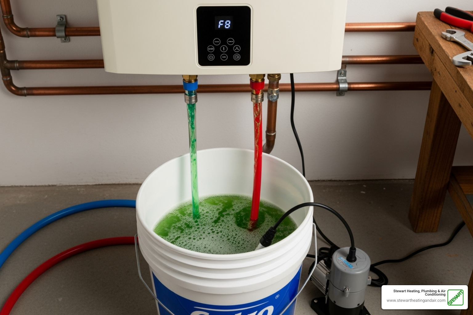 hoses connected to the tankless unit's service ports for descaling - tankless water heater maintenance