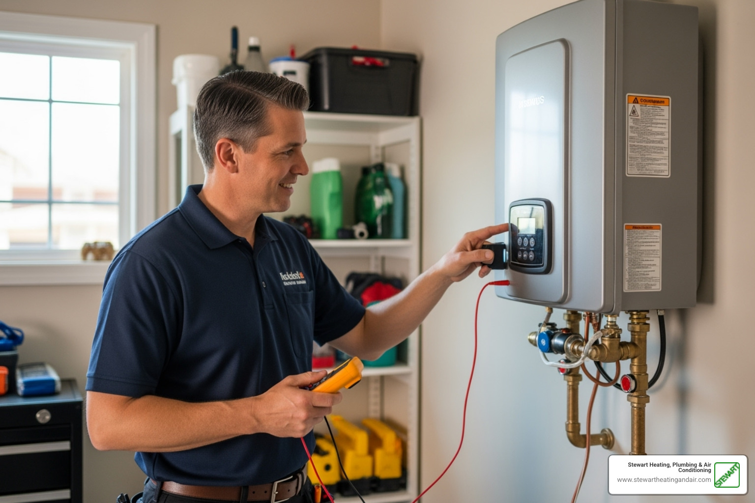 friendly, professional technician inspecting a tankless water heater - tankless water heater maintenance