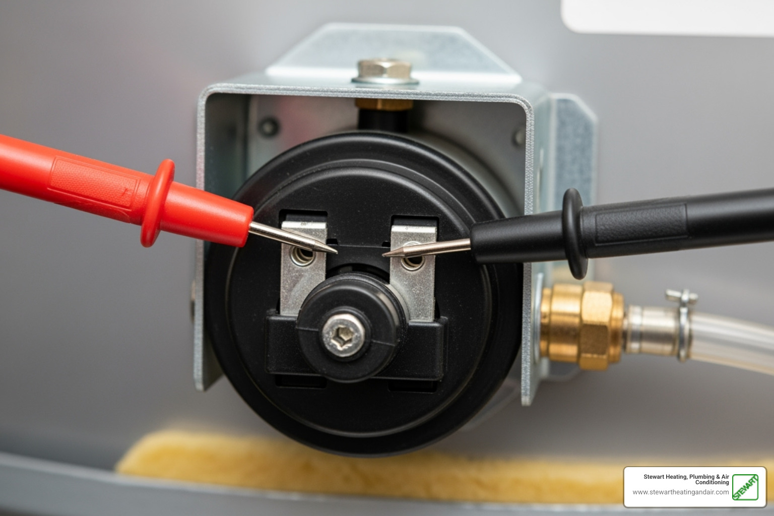 Multimeter's probes correctly placed on a pressure switch's terminals - water heater pressure switch