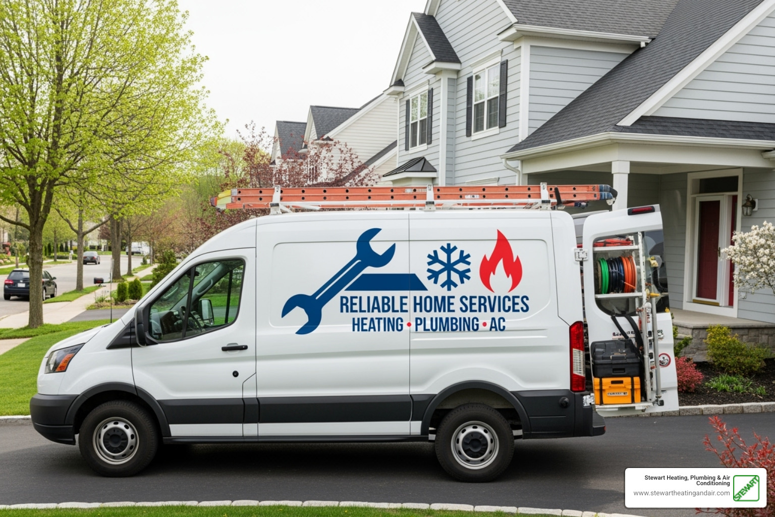 Stewart Heating, Plumbing & Air Conditioning service van - water heater expansion tank
