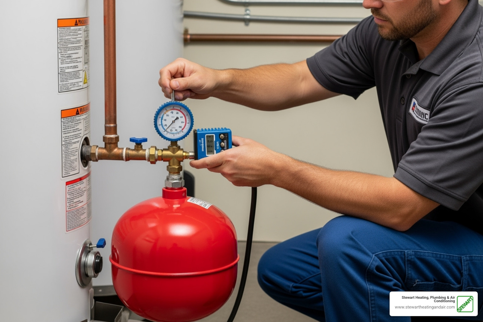 technician using tire pressure gauge - water heater expansion tank