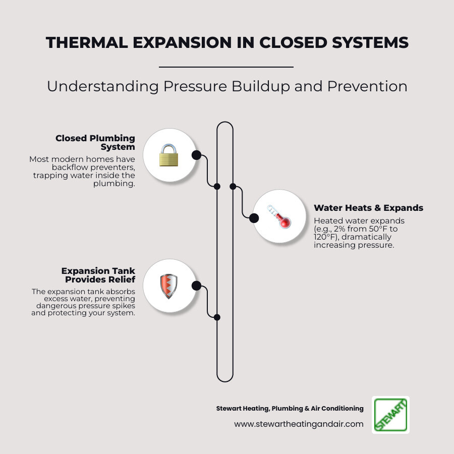 Infographic showing how thermal expansion creates dangerous pressure buildup in a closed plumbing system, with arrows indicating water expansion, pressure increase, and how an expansion tank provides relief - water heater expansion tank infographic infographic-line-3-steps-neat_beige