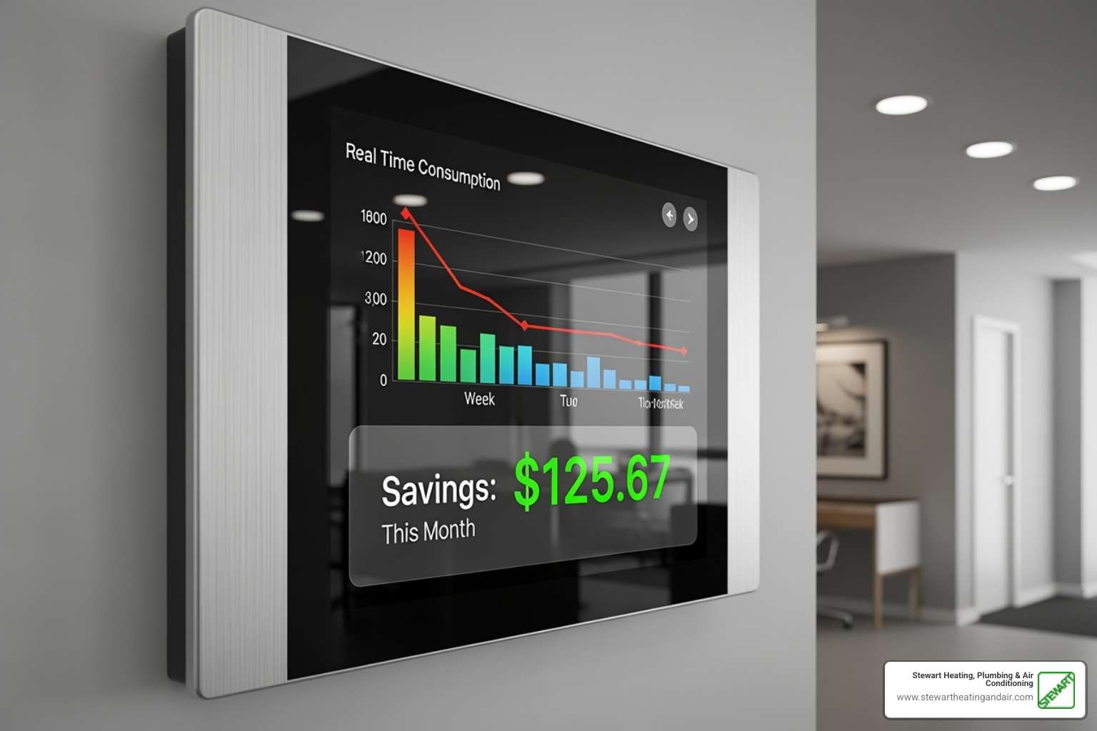 smart commercial thermostat displaying energy savings data - Commercial HVAC Concord