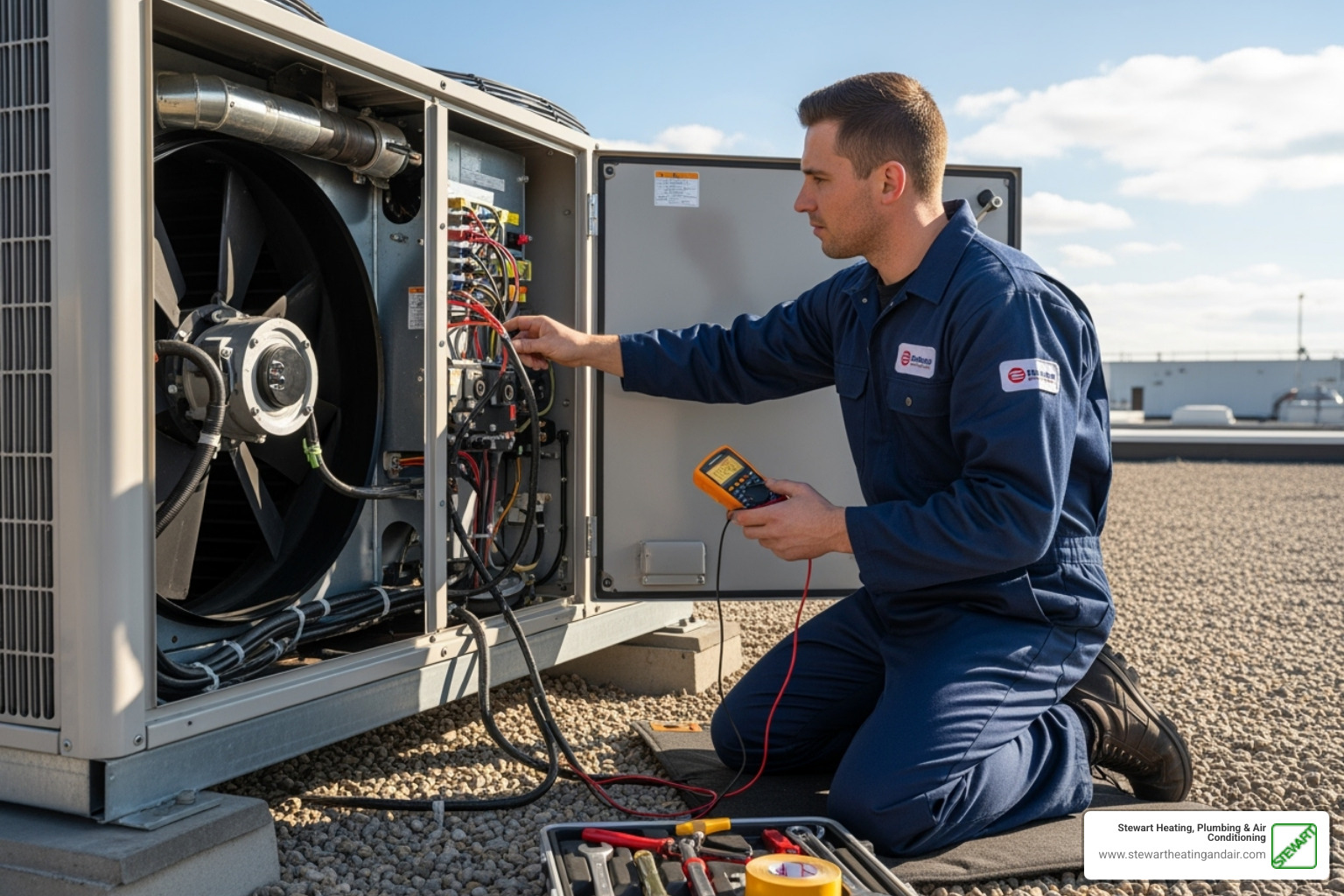 uniformed technician working on a commercial air conditioning unit - Commercial HVAC Concord