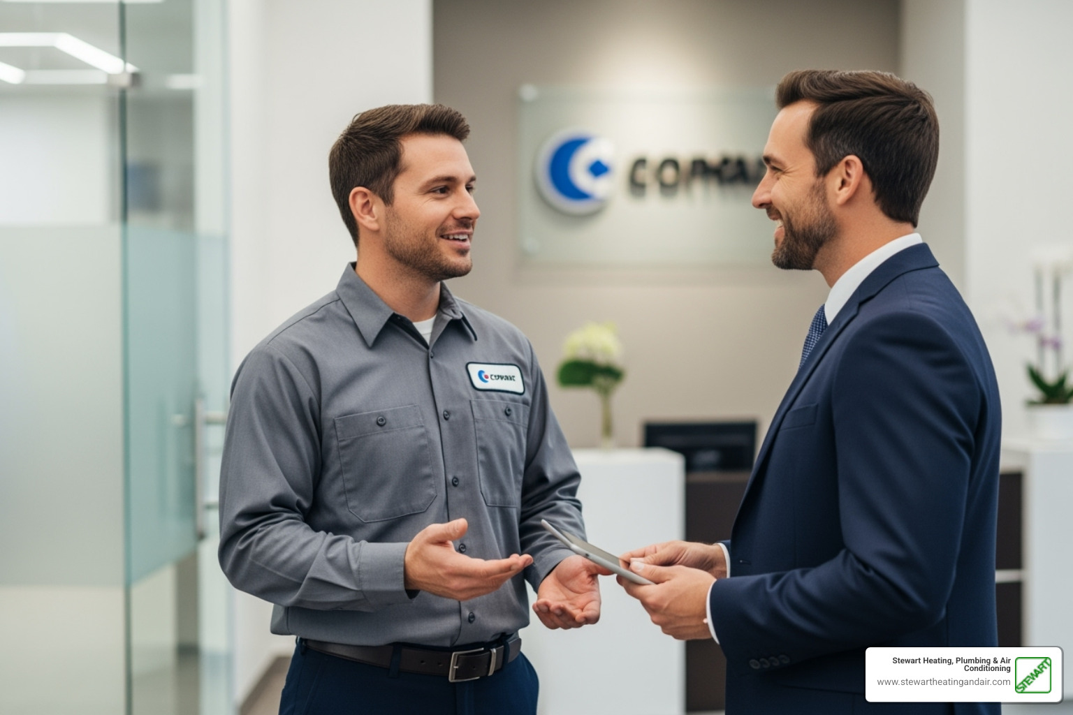 friendly technician speaking with a business manager - Commercial HVAC Concord