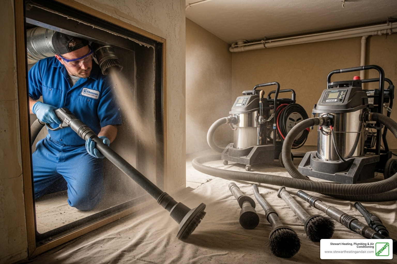 A professional technician using a high-powered vacuum and brush system to clean ductwork, showing specialized equipment in action - clean ducts and vents A professional technician using a high-powered vacuum and brush system to clean ductwork, showing specialized equipment in action - clean ducts and vents