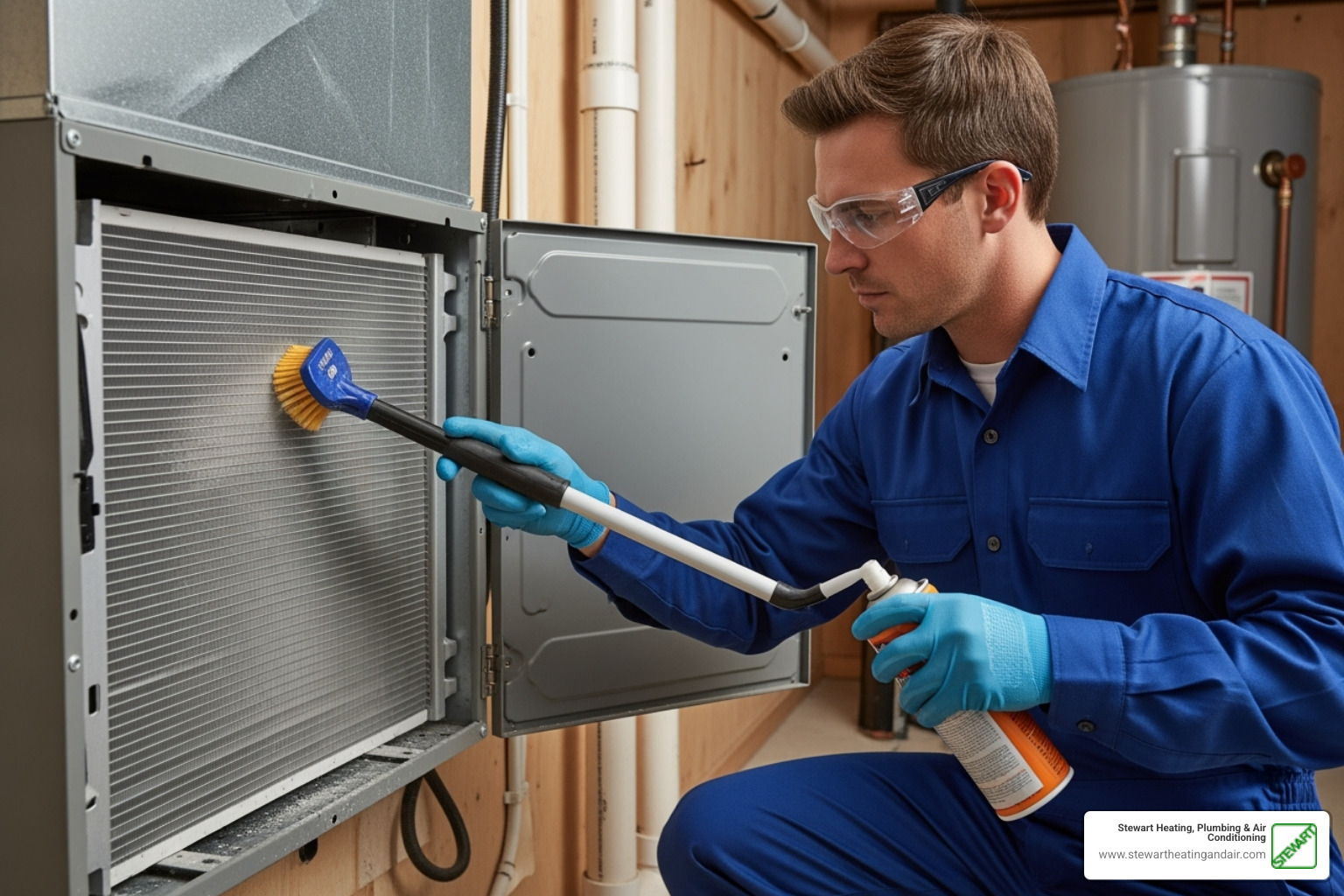 a technician cleaning an AC coil - AC repair Pleasant Hill