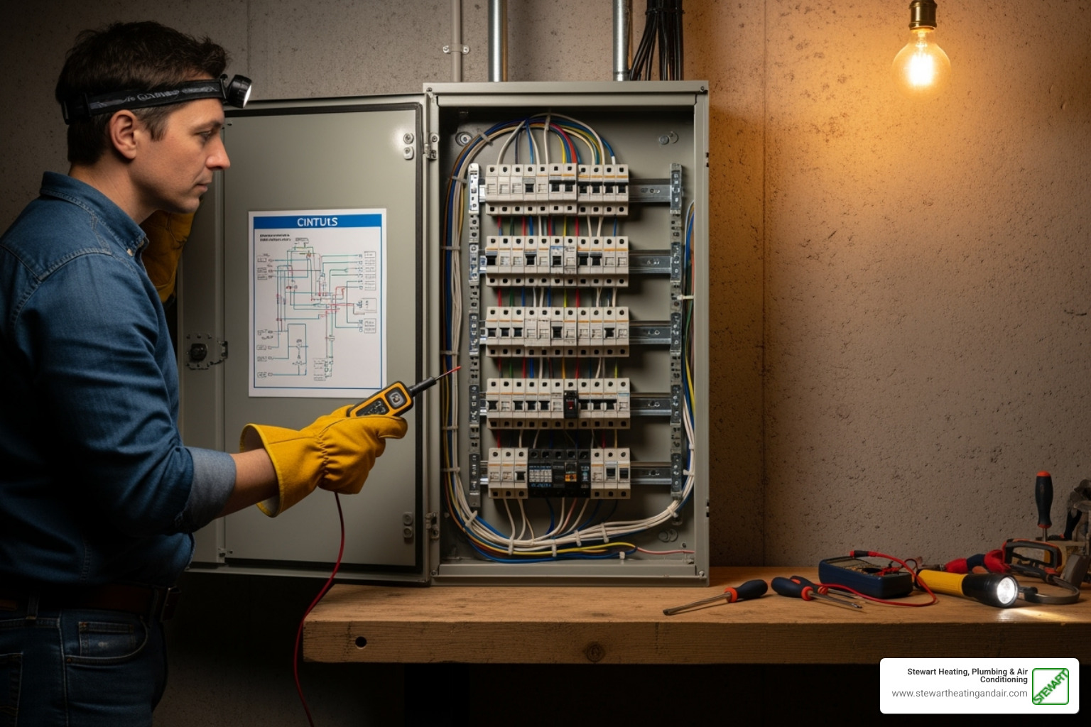 Homeowner safely checking their circuit breaker panel - Emergency furnace repair