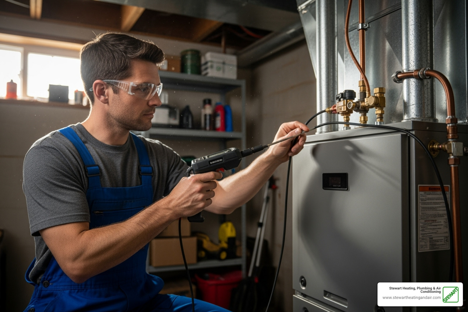 Technician checking a furnace for gas leaks - Emergency furnace repair