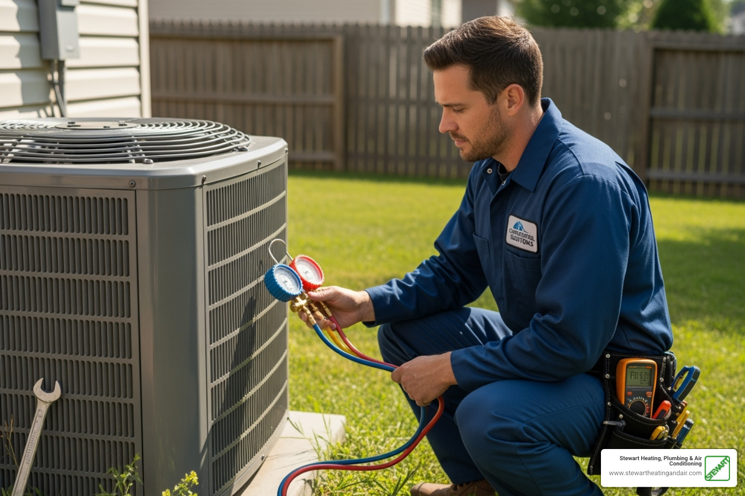 Stewart technician examining an outdoor condenser unit - Air conditioning Antioch CA