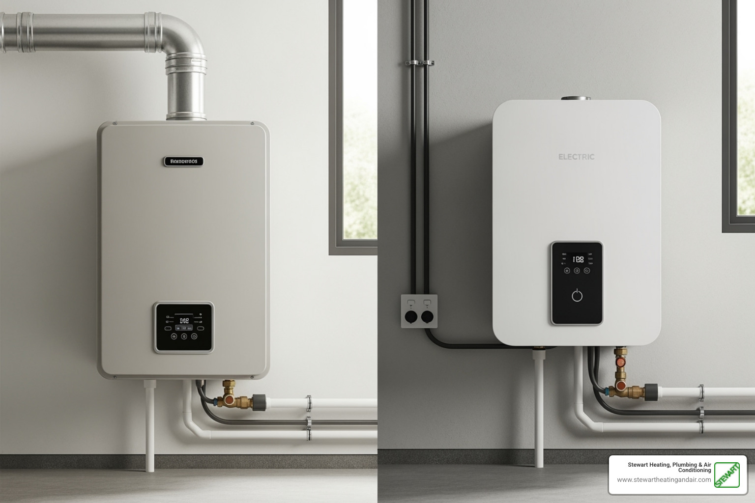 Image comparing the size and look of a gas and an electric tankless water heater - tankless water heater installation concord