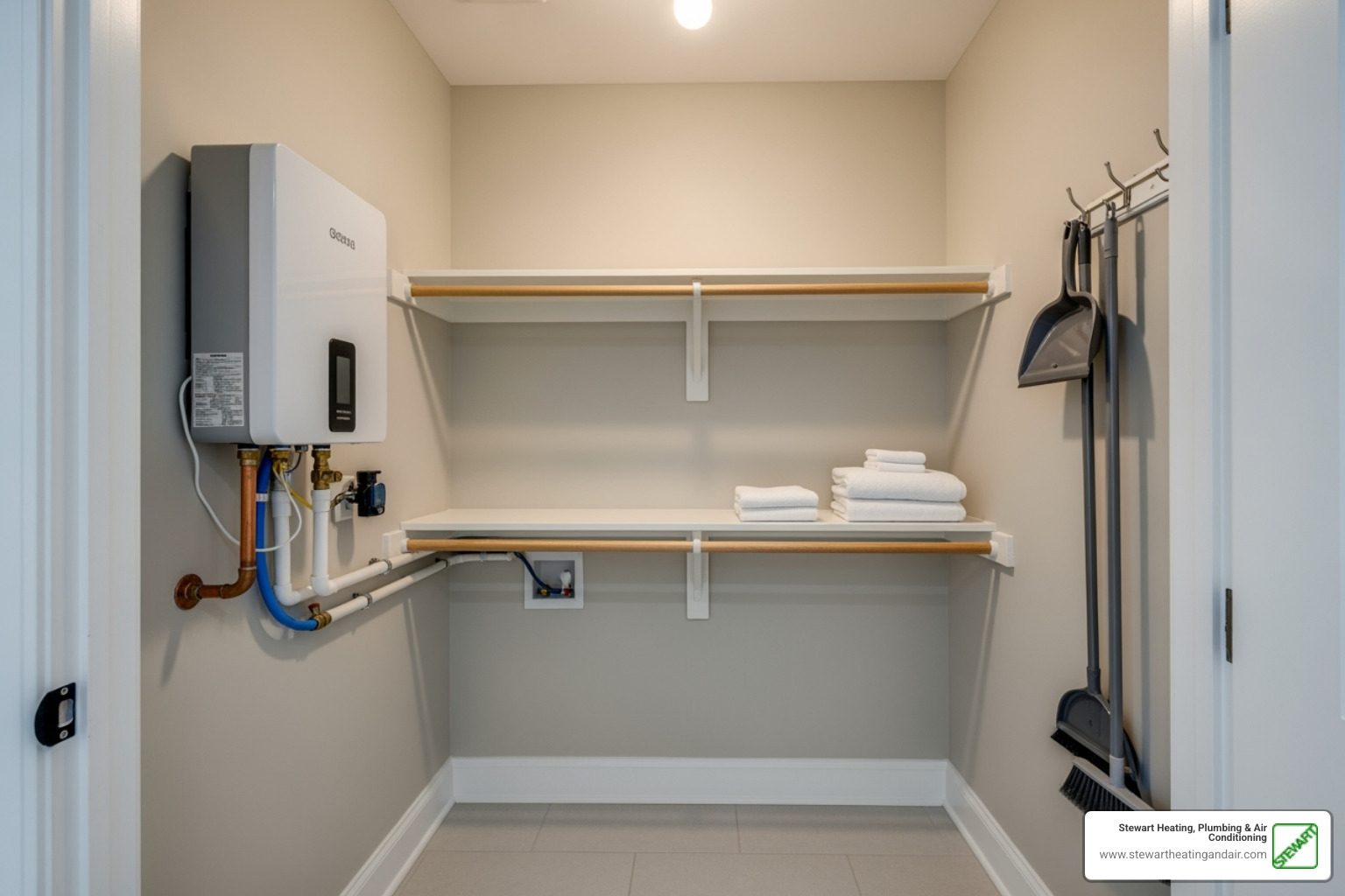 reclaimed closet or utility space, highlighting the space saved by a tankless unit - tankless water heater installation concord