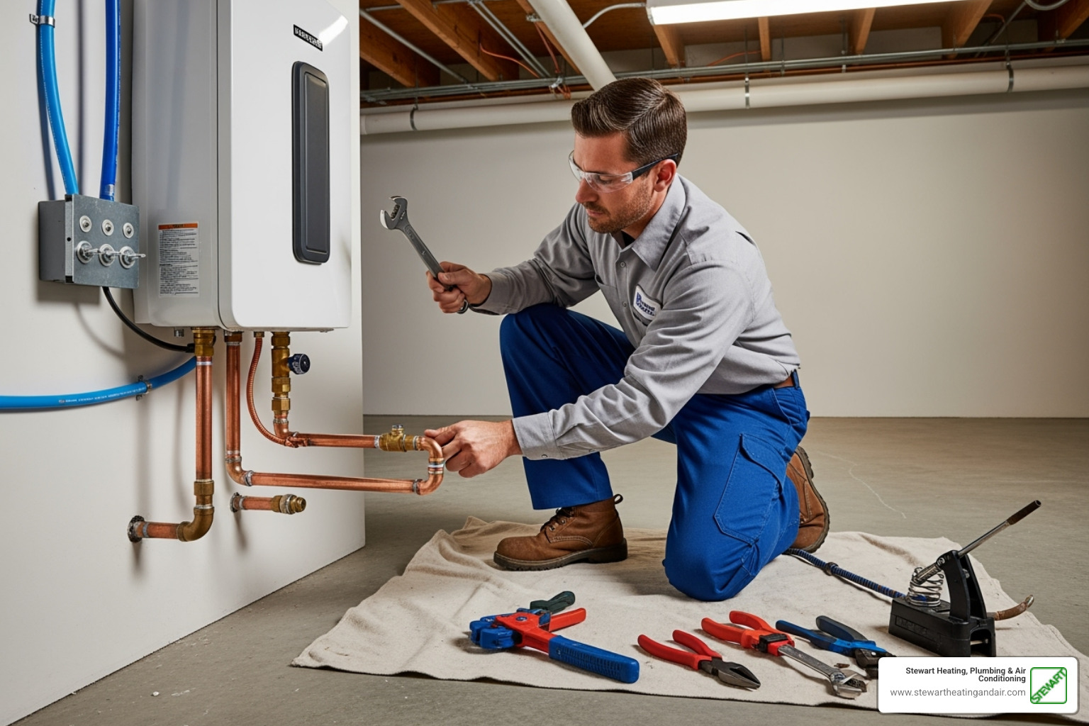 licensed technician from Stewart Heating, Plumbing & Air Conditioning performing an installation - tankless water heater installation concord