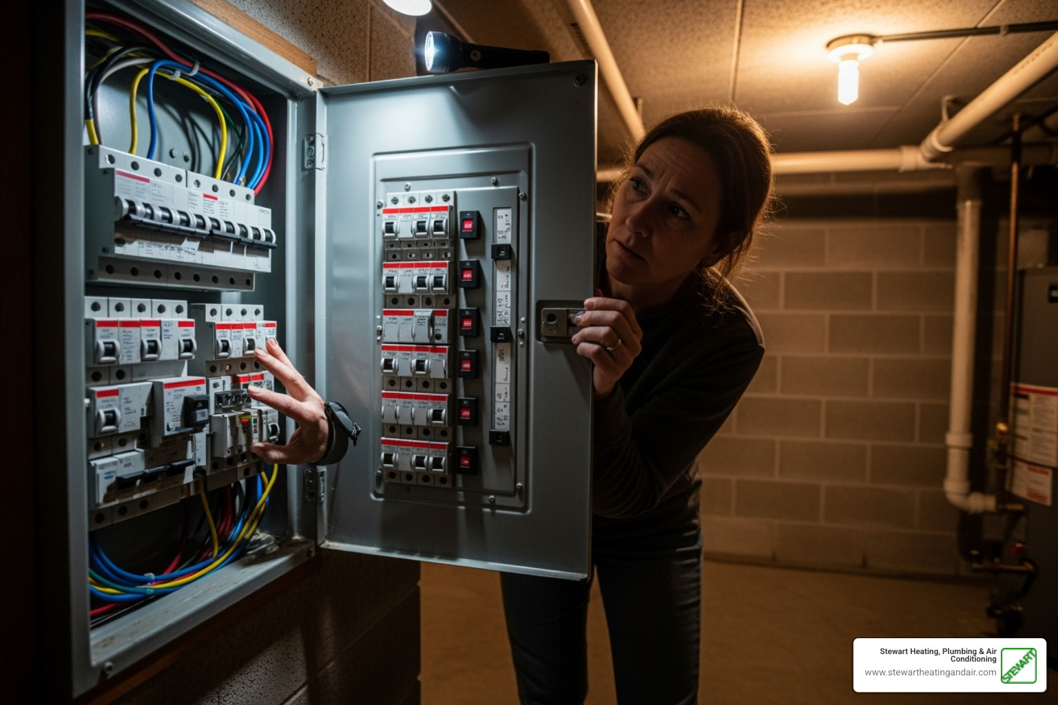 Image of a homeowner checking a circuit breaker panel - no hot water tankless