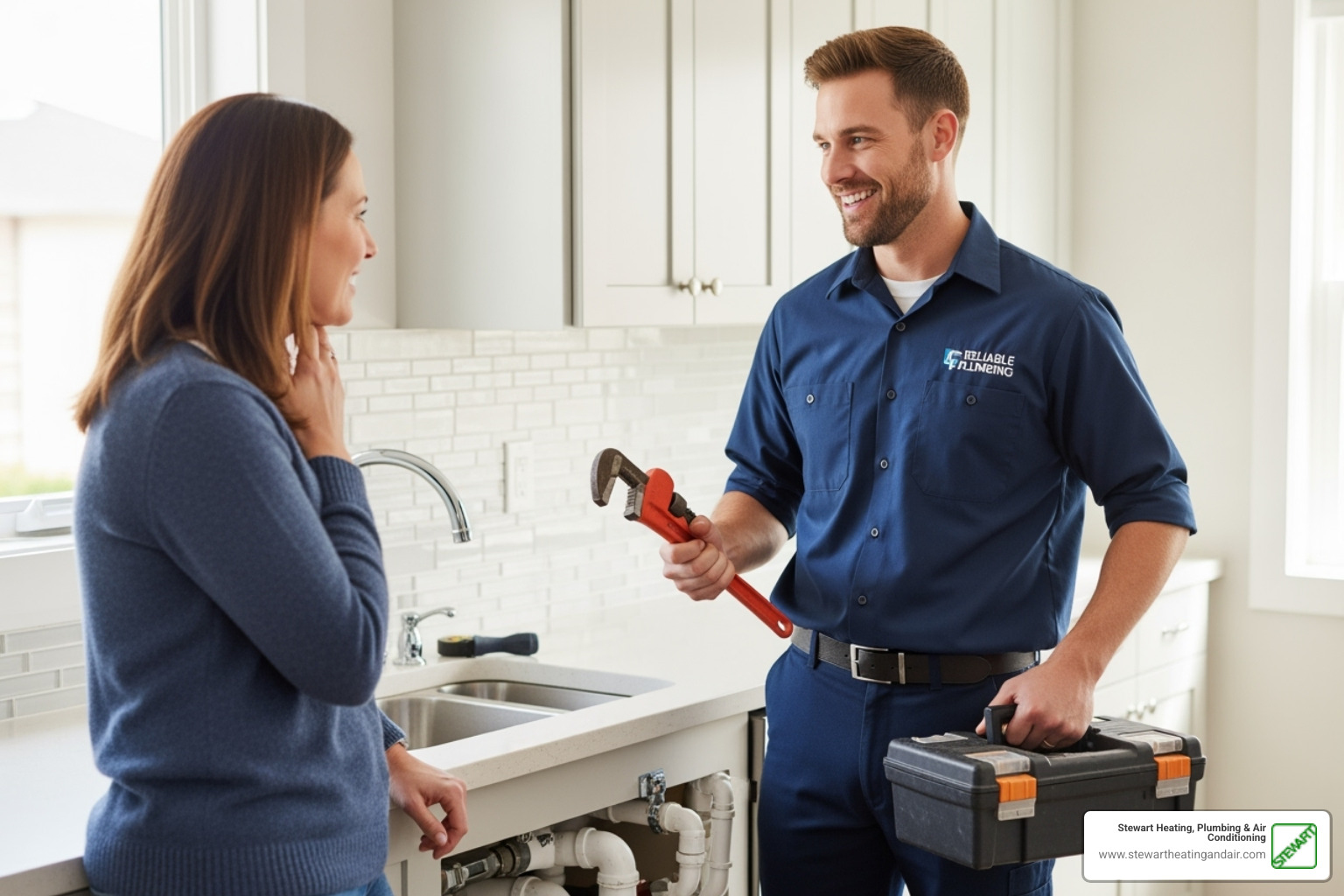 Image of a friendly, professional plumber with tools, speaking to a homeowner - no hot water tankless