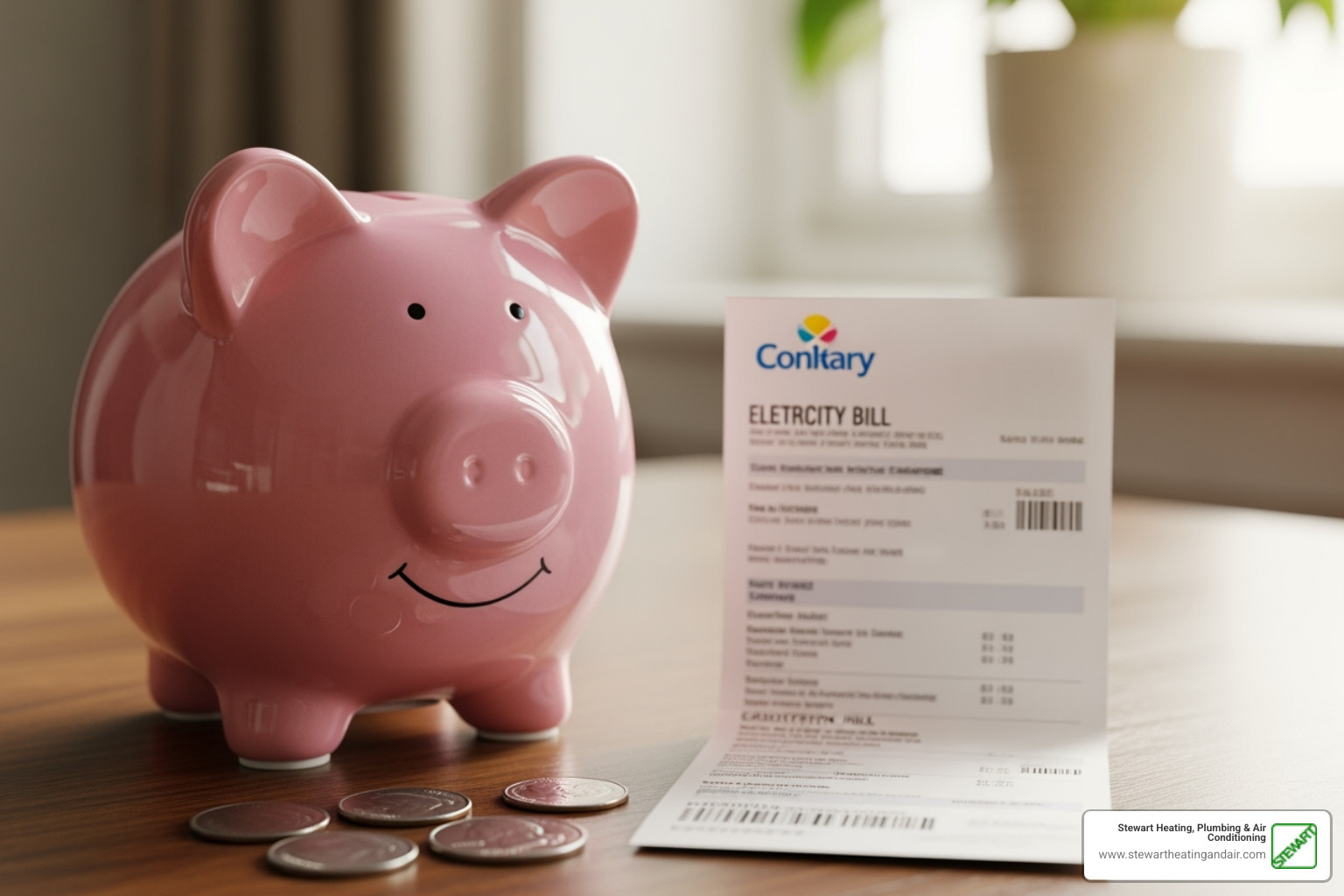 A piggy bank next to an energy bill showing significant savings - heat pump water heater