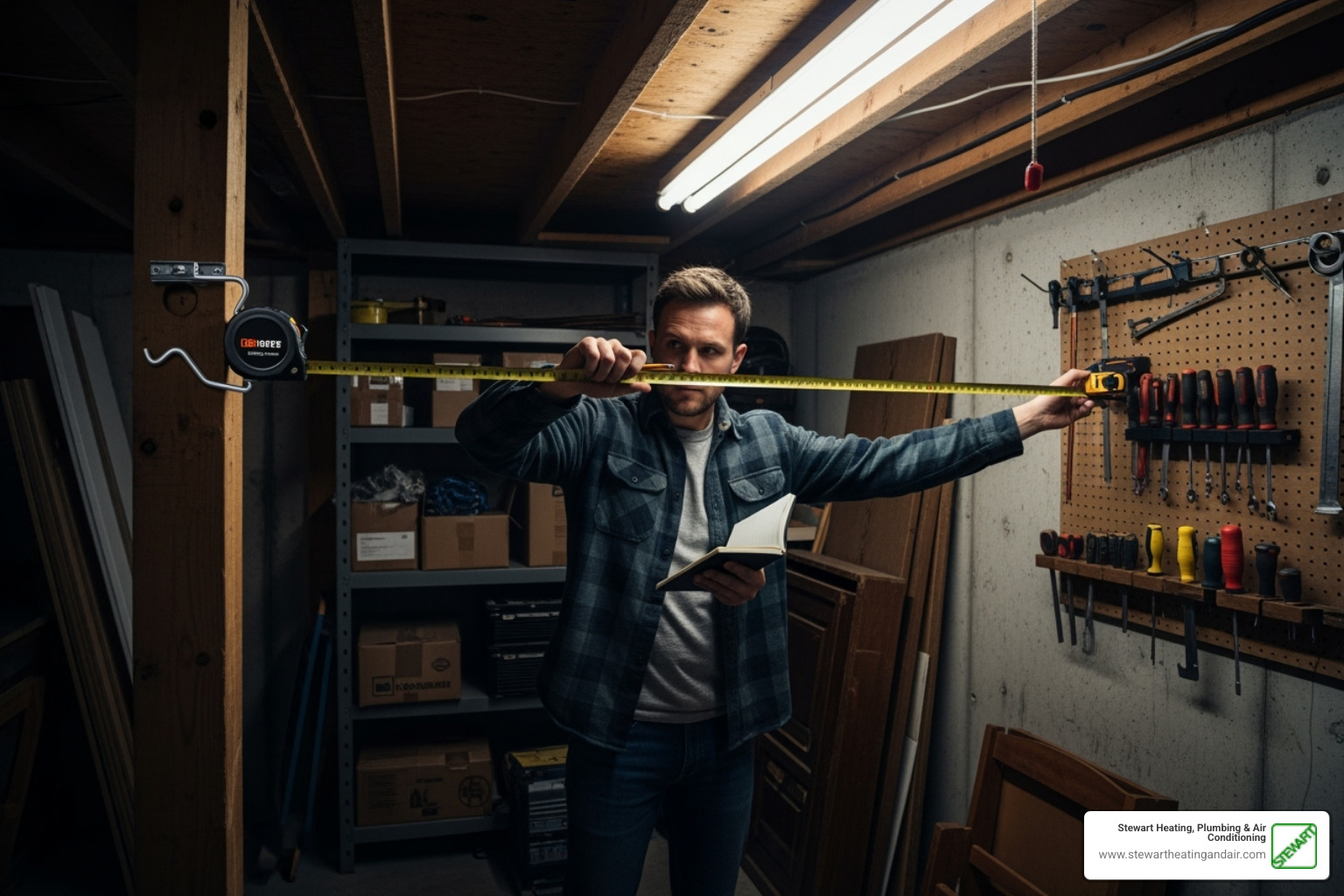 A person measuring a space in their garage or basement - heat pump water heater