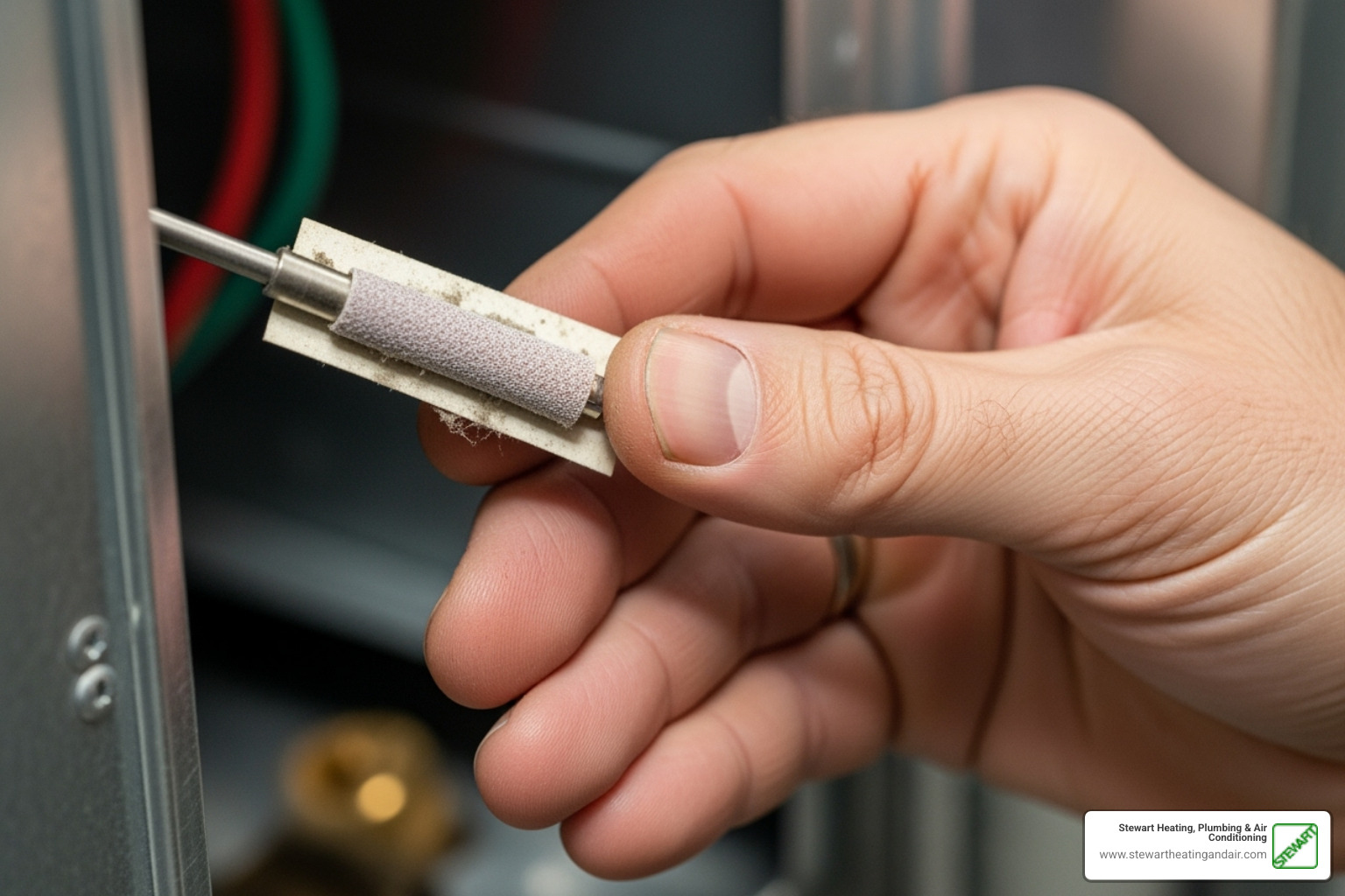 technician cleaning furnace flame sensor - heater blowing cold air