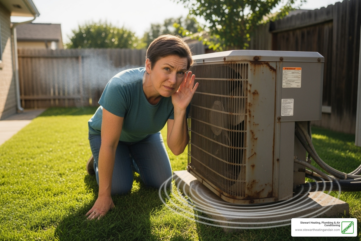 of a homeowner listening to a noisy AC unit - AC maintenance Concord CA of a homeowner listening to a noisy AC unit - AC maintenance Concord CA
