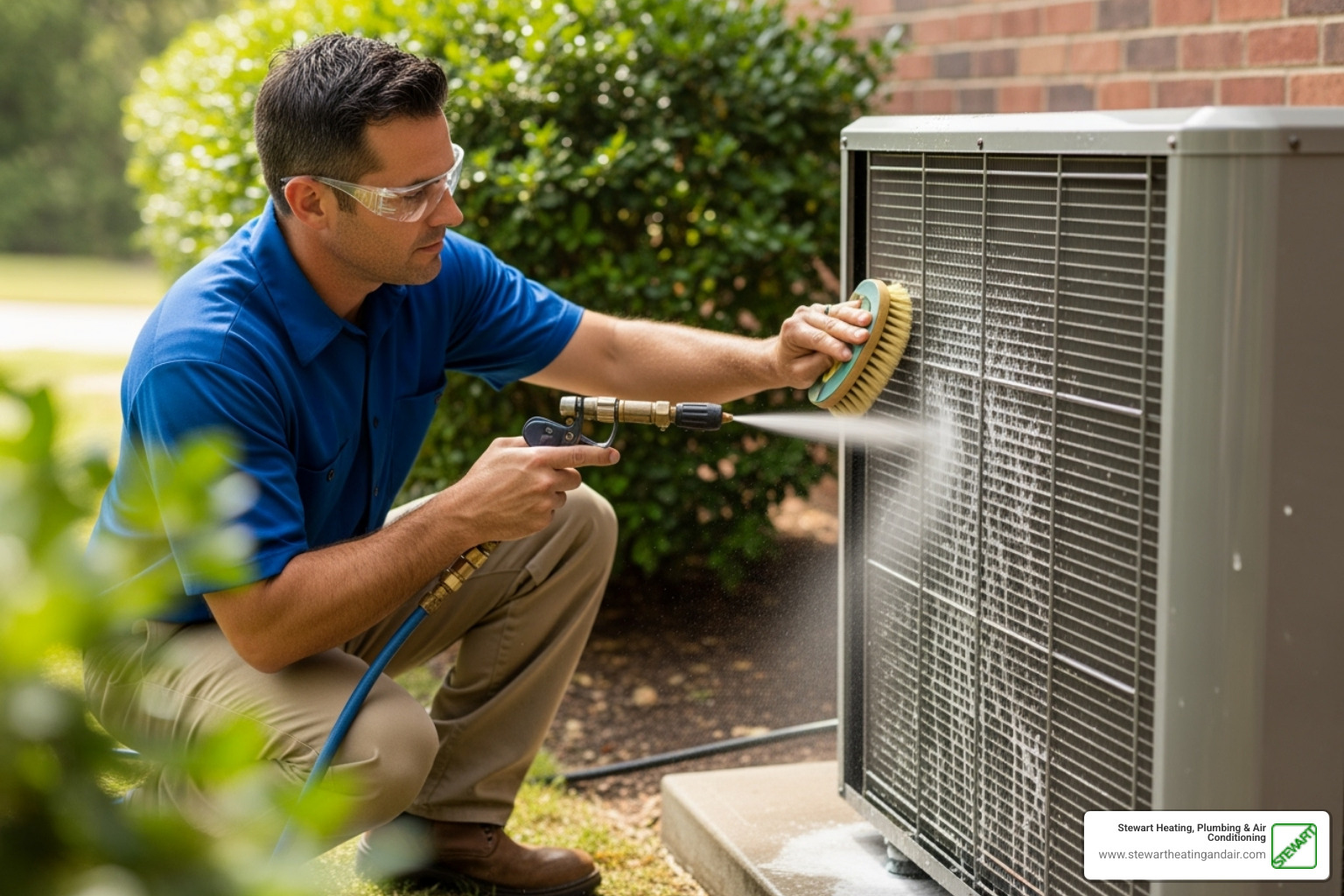 of a technician cleaning an outdoor AC unit's coils - AC maintenance Concord CA of a technician cleaning an outdoor AC unit's coils - AC maintenance Concord CA