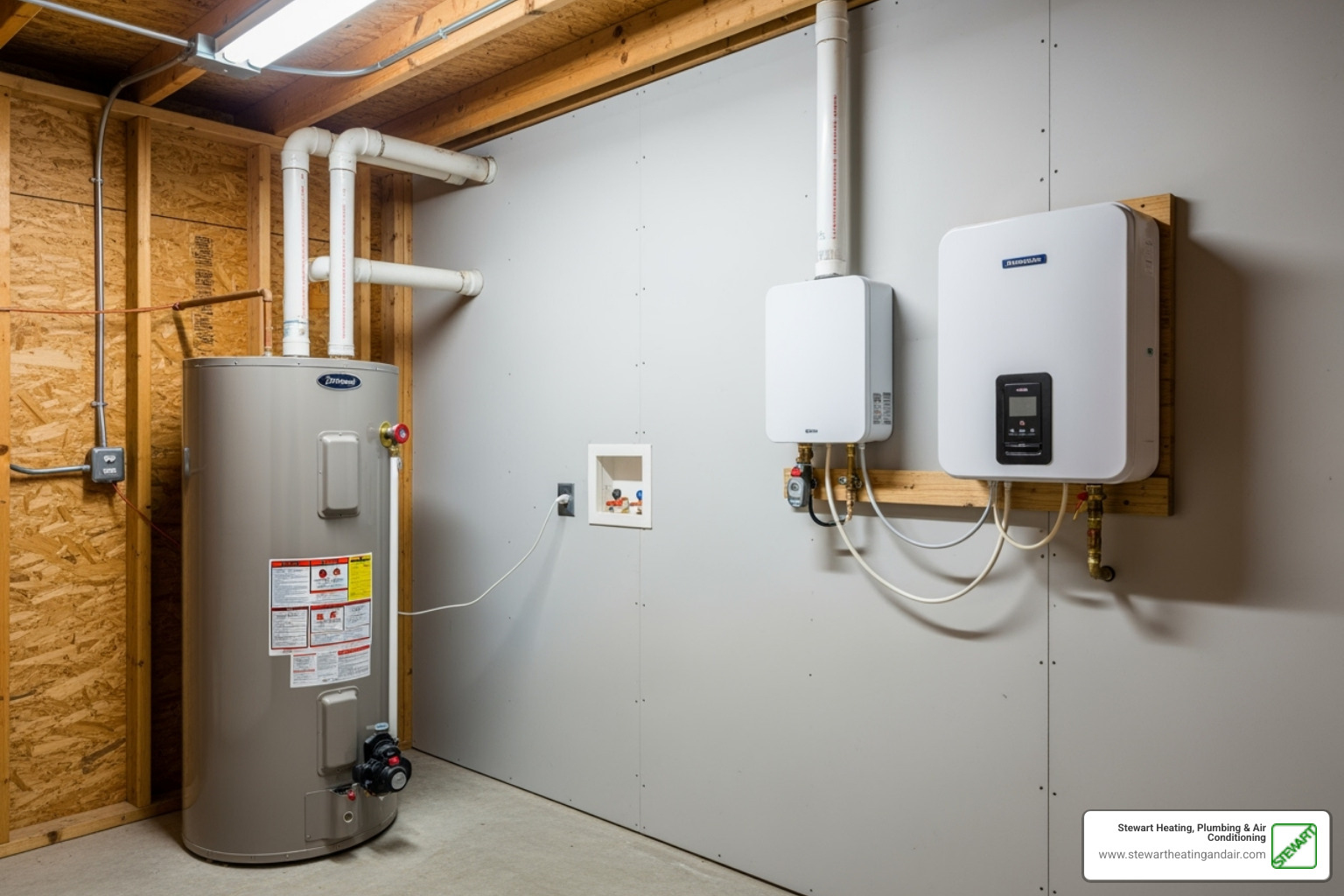 Image showing a traditional tank water heater next to a compact tankless unit - water heater repair walnut creek Image showing a traditional tank water heater next to a compact tankless unit - water heater repair walnut creek