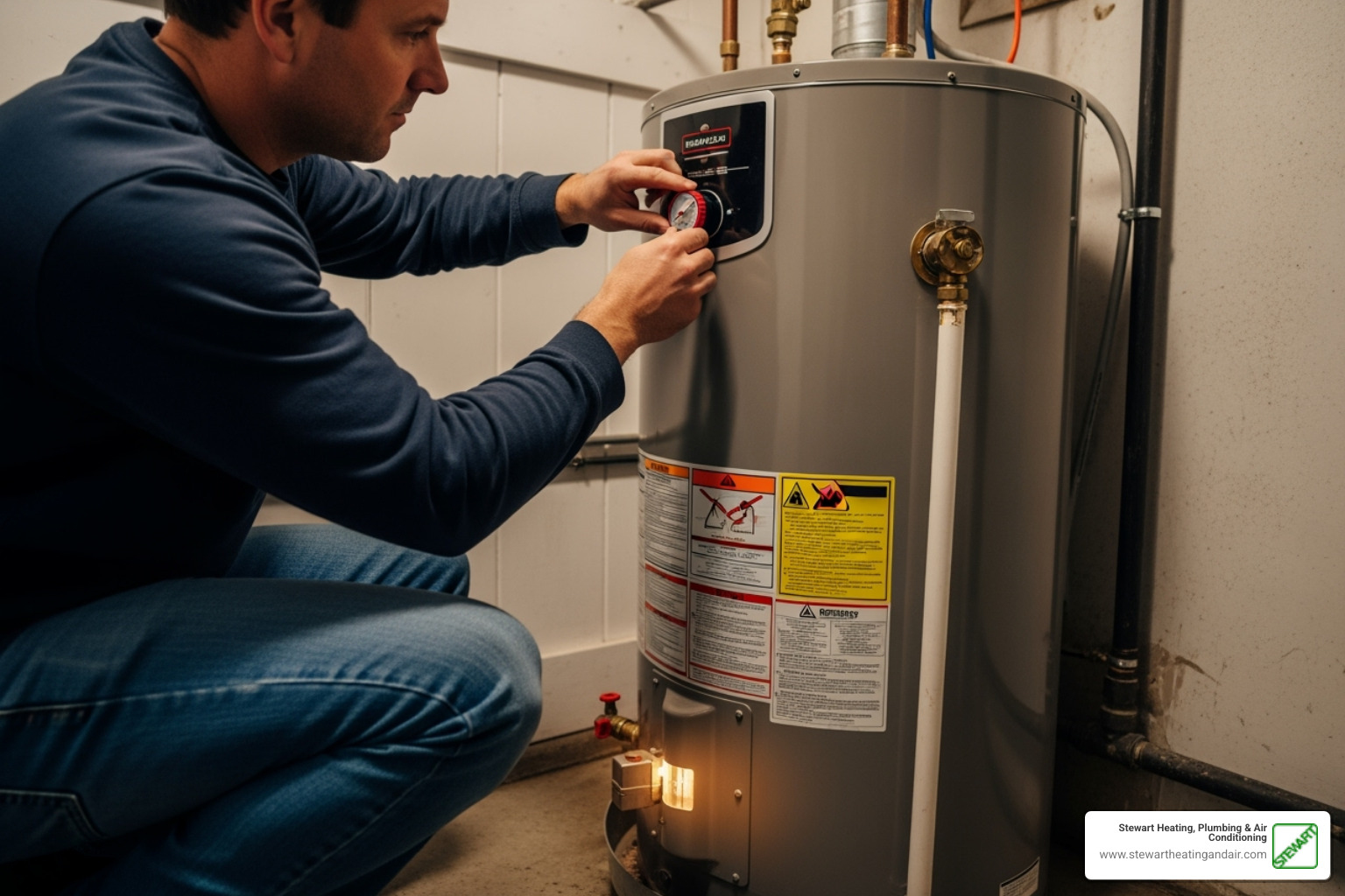 Image of a homeowner checking the temperature setting on their water heater - water heater repair walnut creek Image of a homeowner checking the temperature setting on their water heater - water heater repair walnut creek