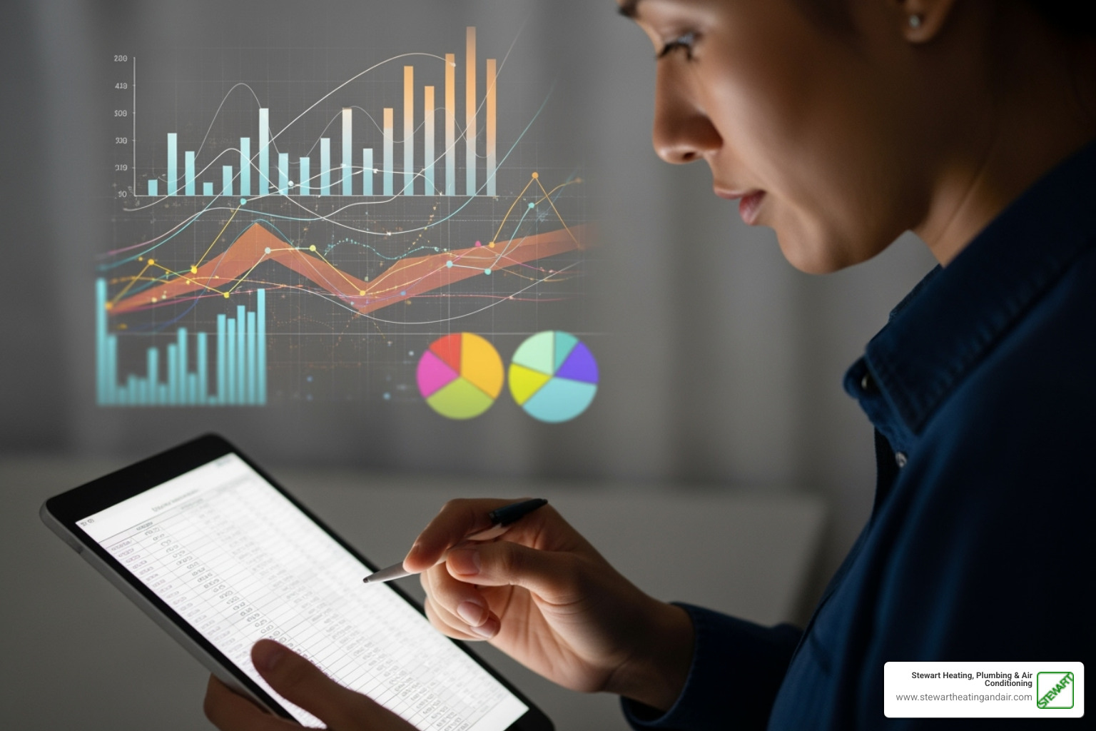 A person reviewing financial documents on a tablet, with graphs and charts in the background, symbolizing financial planning - HVAC financing options